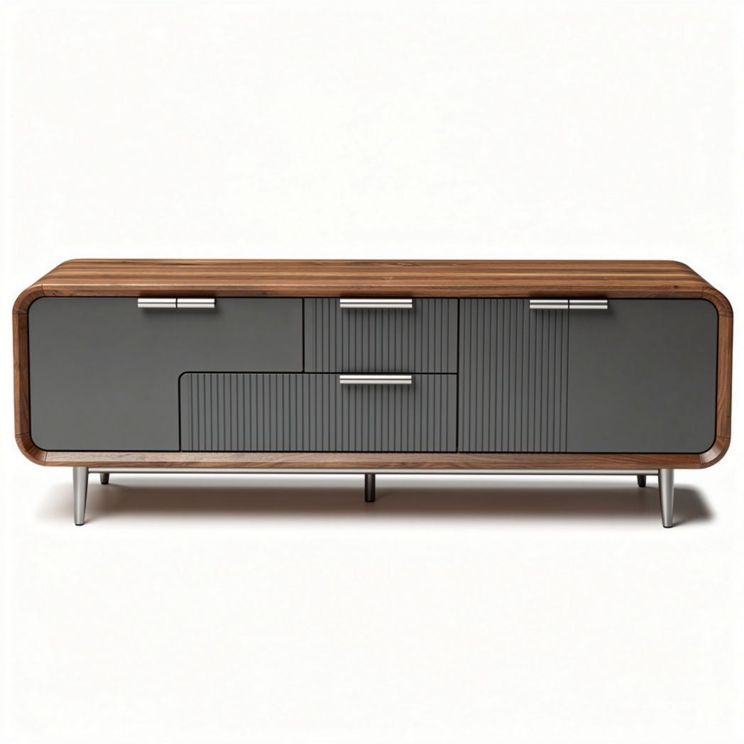 Tv-meubel van hout en metaal met afgeronde hoeken 150 x 40 x 50cm grijs en bruin