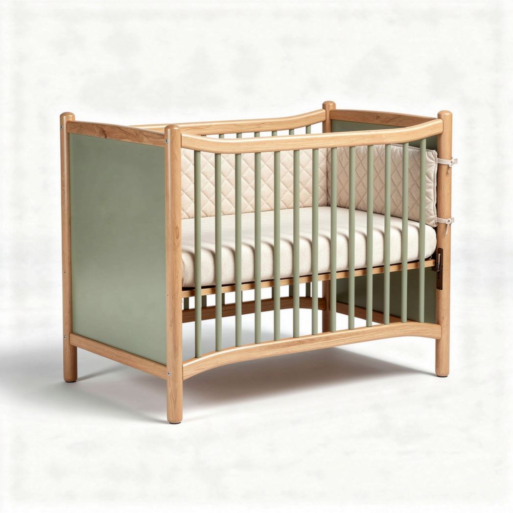 Houten wieg met groene panelen en matras van 120 x 60 x 90cm