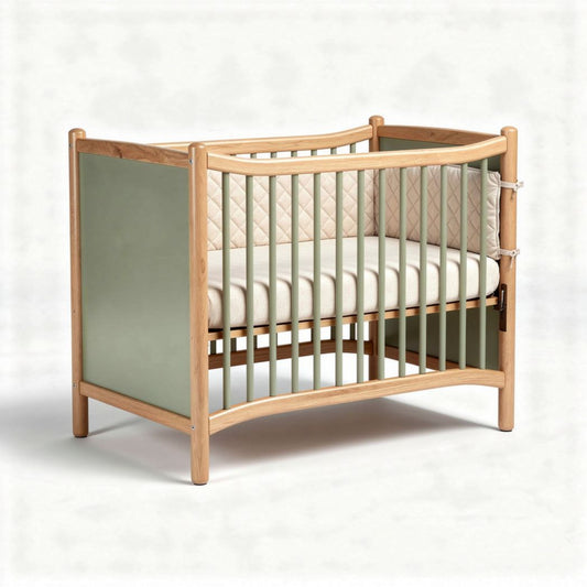 Houten wieg met groene panelen en matras van 120 x 60 x 90cm
