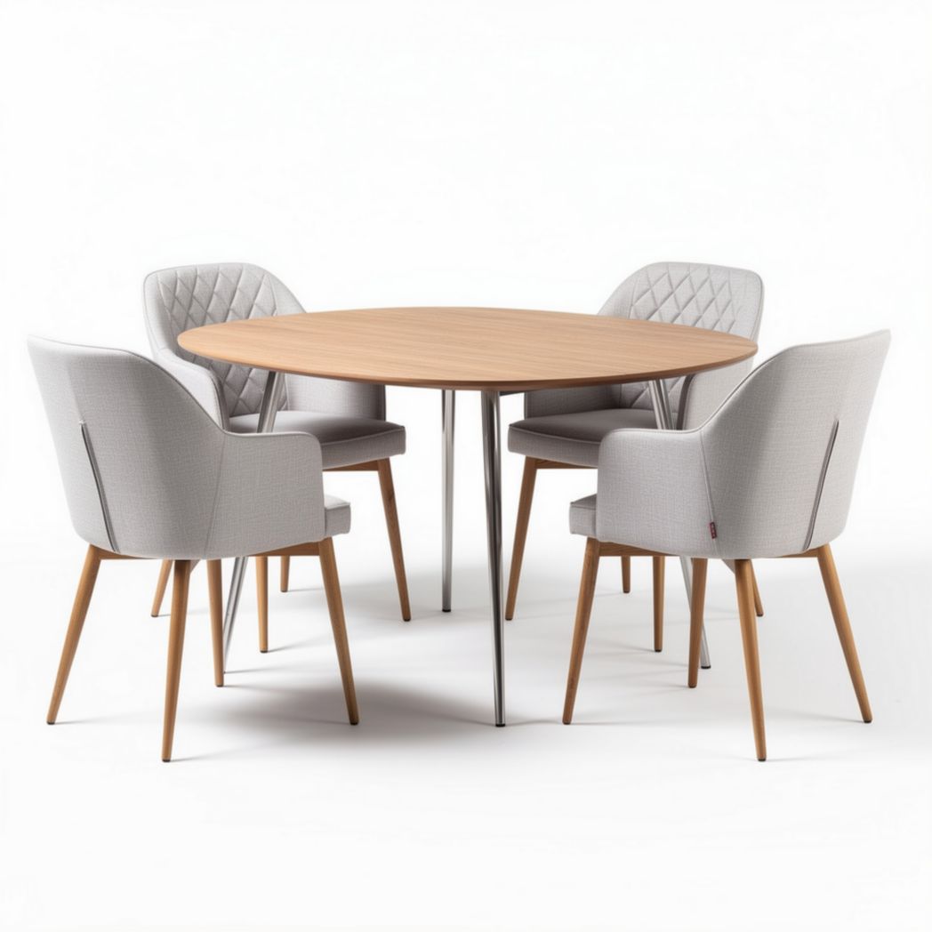 Eettafel met vier stoelen van hout en stof in lichtgrijs 120 x 120 x 75cm