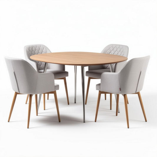 Eettafel met vier stoelen van hout en stof in lichtgrijs 120 x 120 x 75cm