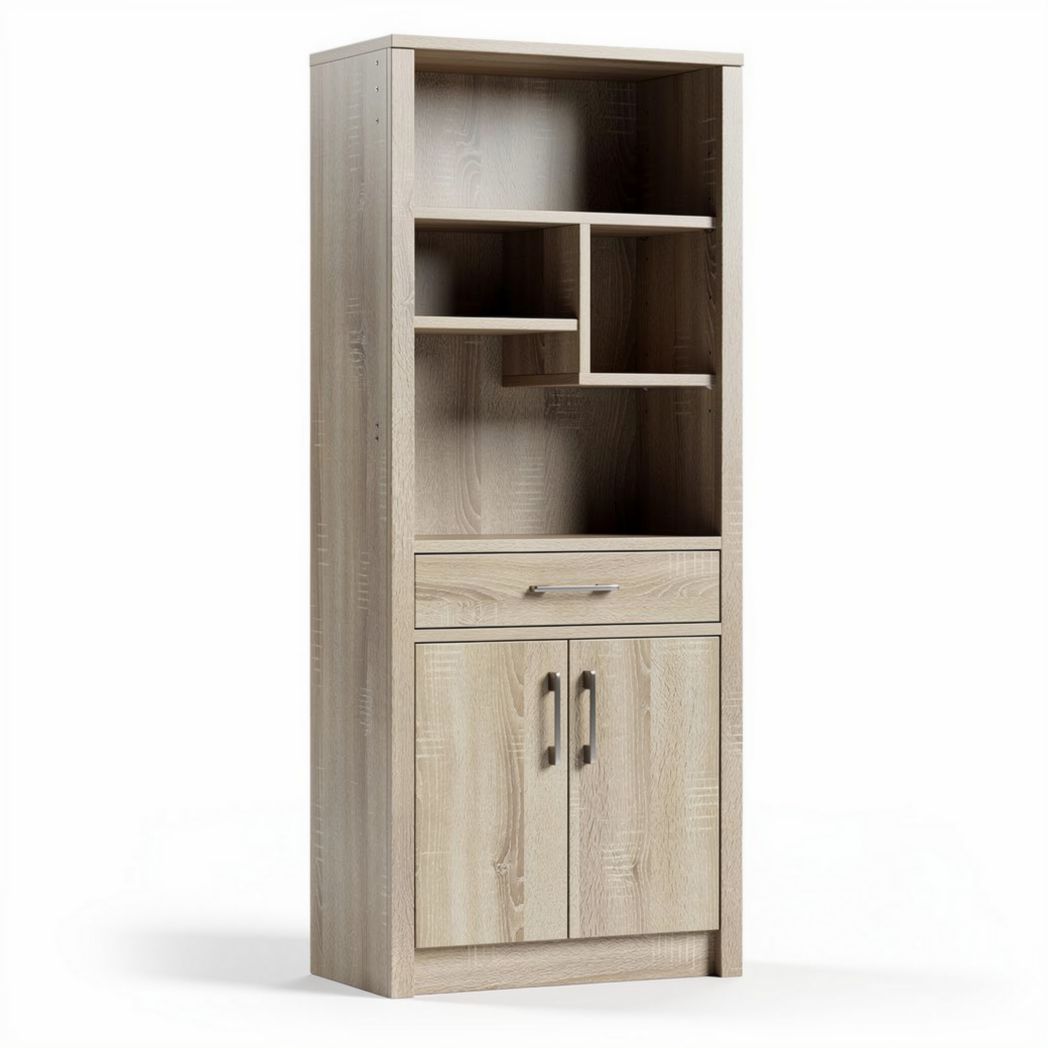 Houten opbergkast met open vakken en lade 40 x 20 x 180 cm naturel eiken
