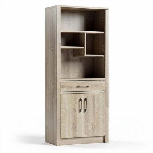 Houten opbergkast met open vakken en lade 40 x 20 x 180 cm naturel eiken