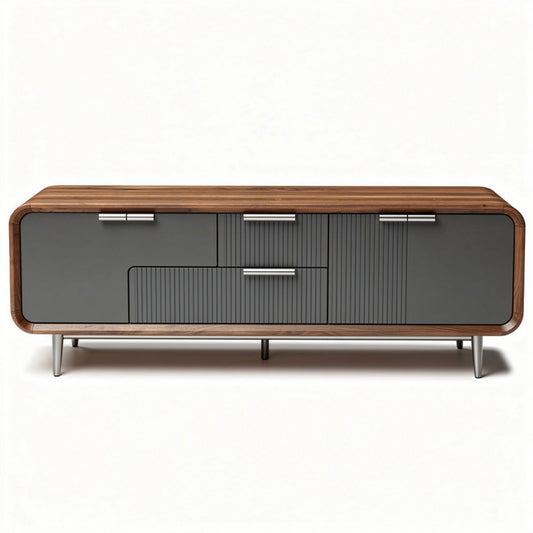 Tv-meubel van hout en metaal met afgeronde hoeken 150 x 40 x 50cm grijs en bruin