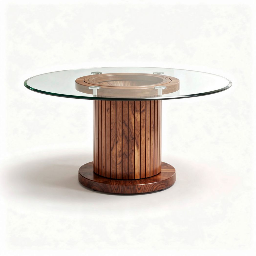 eettafel van glas en hout met een diameter van 100 cm en hoogte van 75 cm