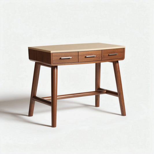 Houten bureau met drie lades 60 x 40 x 75cm in natuurlijk bruin en beige