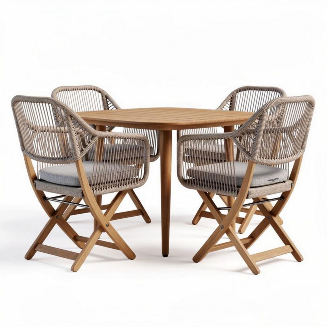 Rond houten tafelset met gevlochten stoelen en kussen in grijs 90 x 90 x 75cm