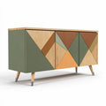 Dressoir van hout met geometrisch design in groen bruin en oranje 120 x 45 x 75cm
