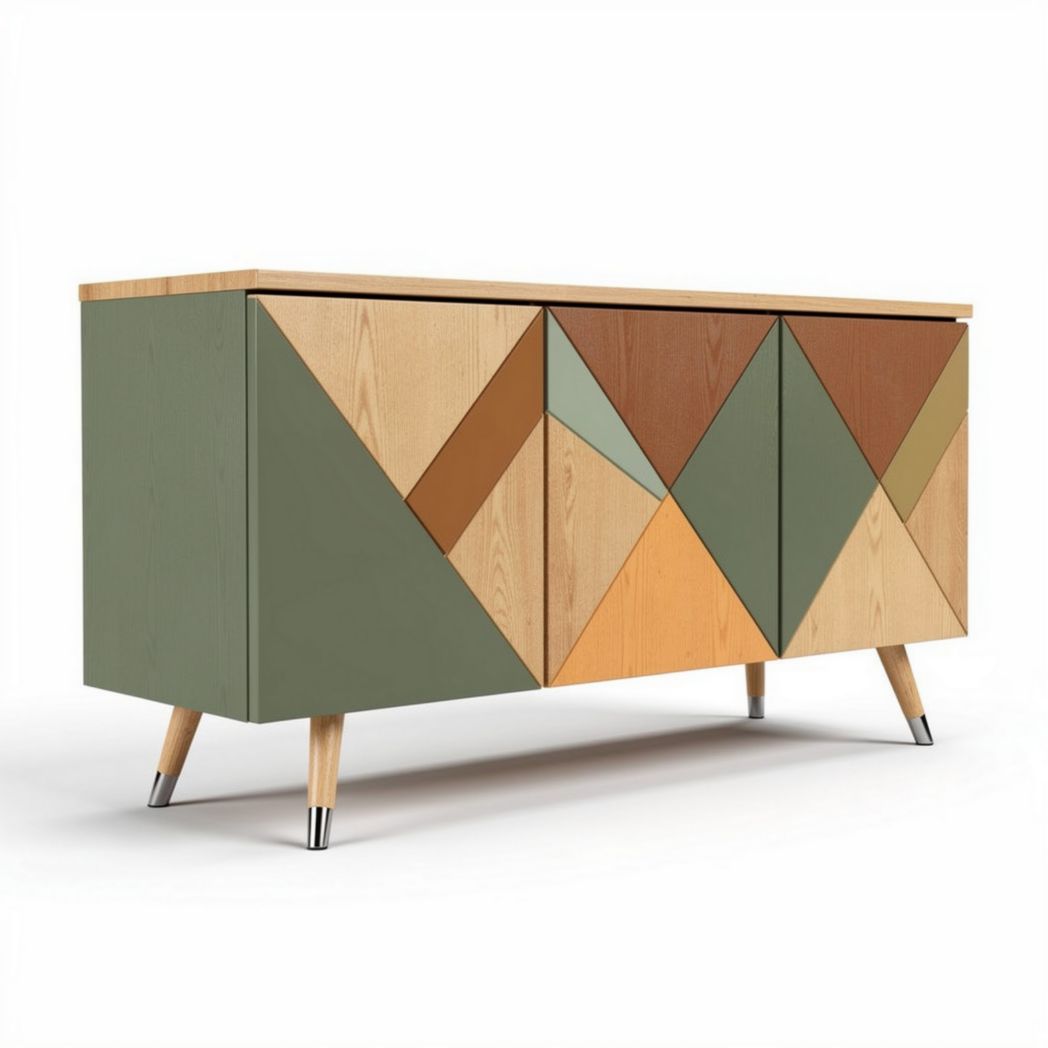 Dressoir van hout met geometrisch design in groen bruin en oranje 120 x 45 x 75cm