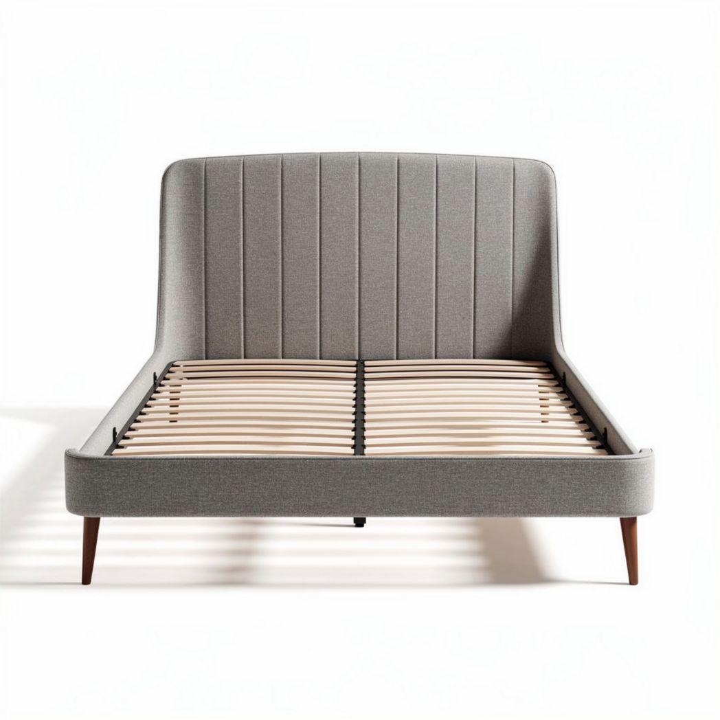 Bedframe met gestoffeerde hoofdbord in taupe stof en maat 200 x 160 x 100cm