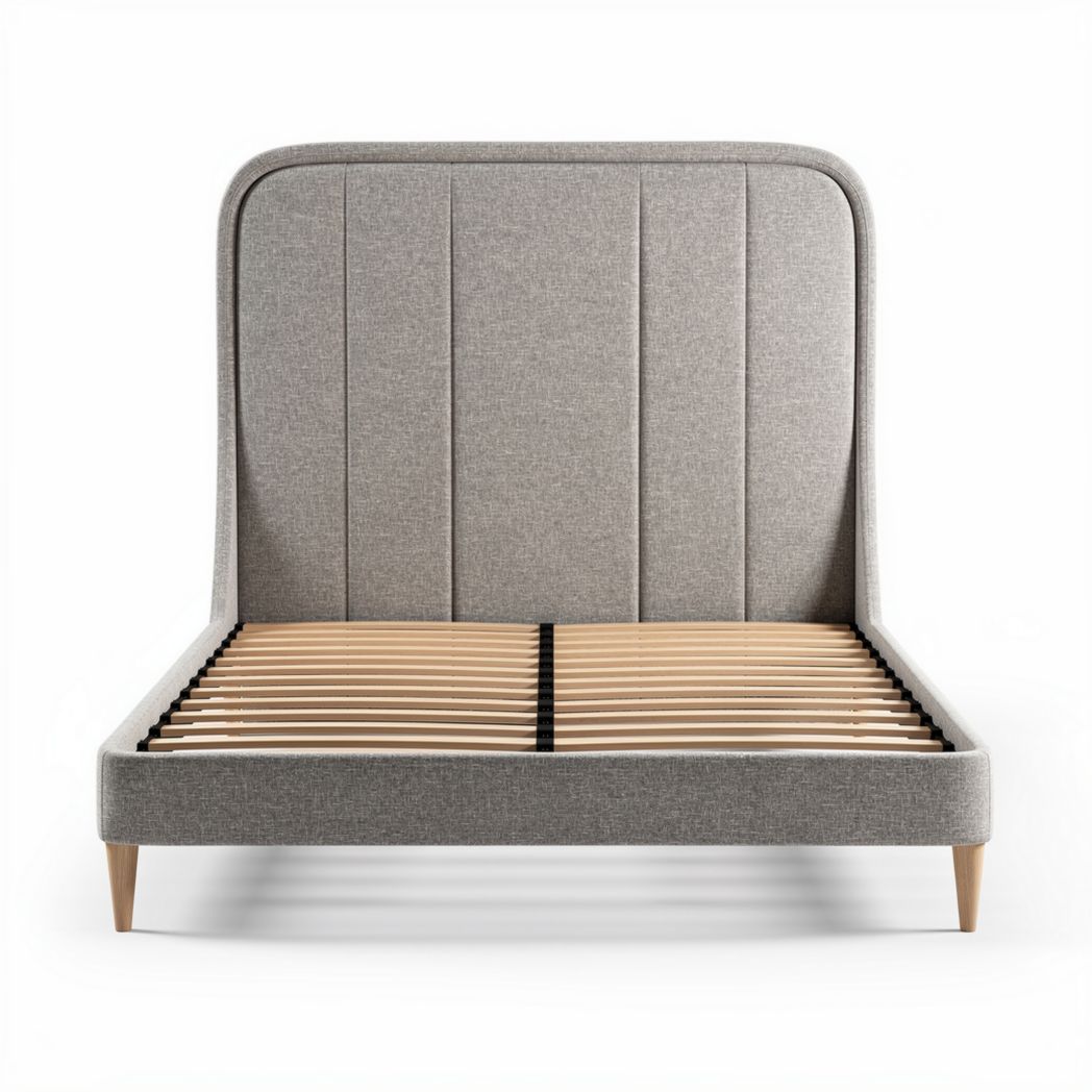 Houten bedframe met gestoffeerde hoofdbord in lichtgrijs 200 x 160 x 100cm