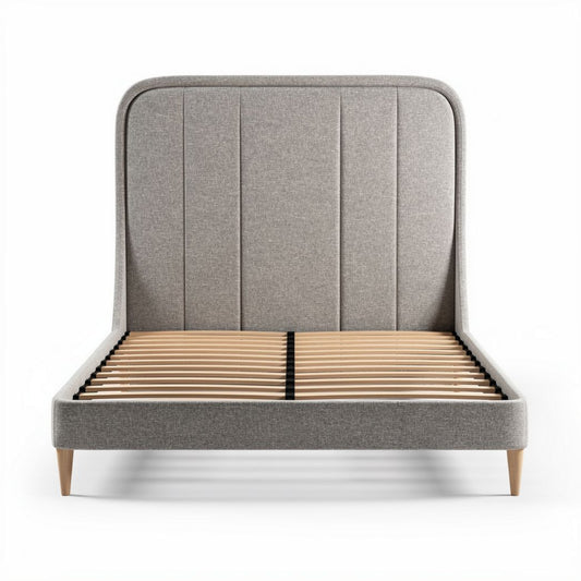 Houten bedframe met gestoffeerde hoofdbord in lichtgrijs 200 x 160 x 100cm