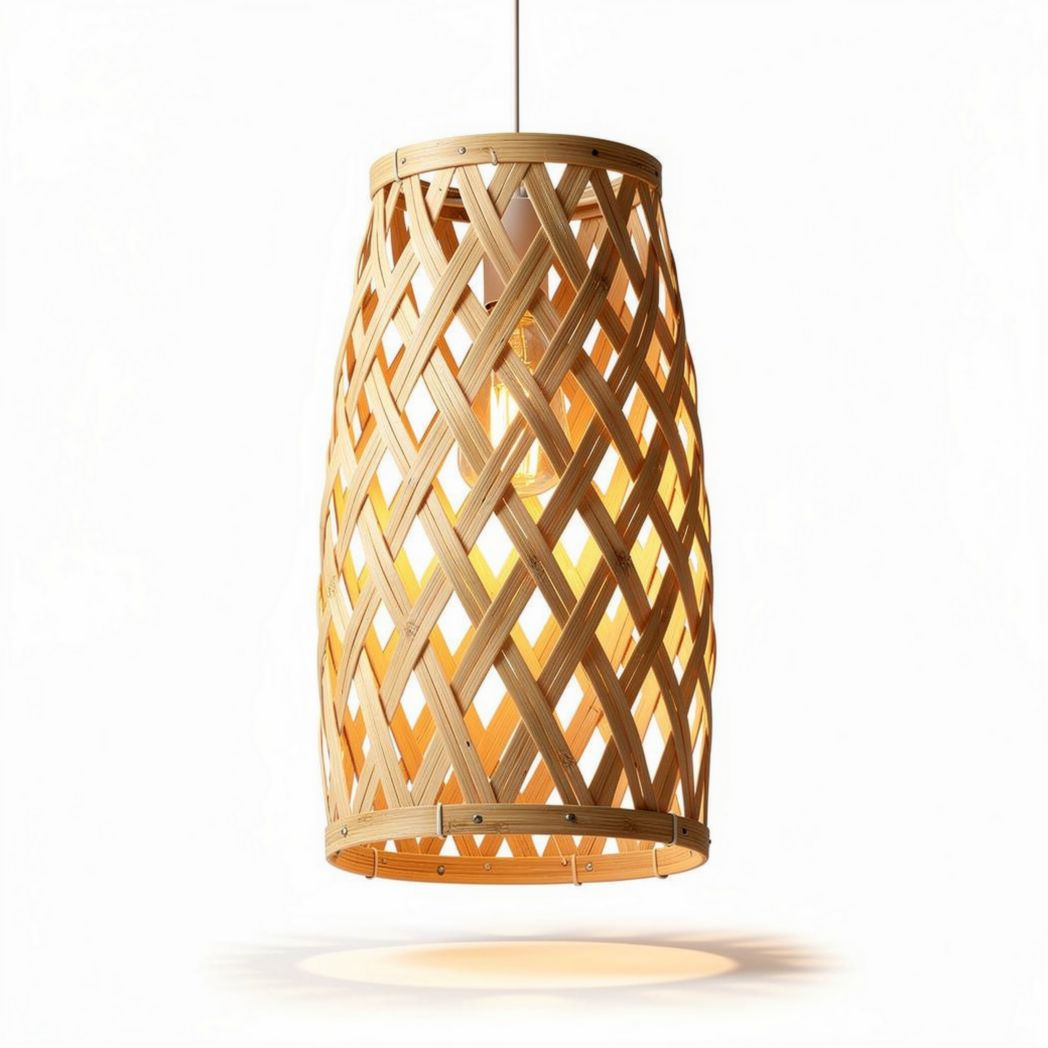 Hanglamp van bamboe met een warm licht en een afmeting van 25 x 25 x 50cm